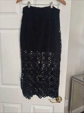 Express Black Crochet Floral Midi Skirt